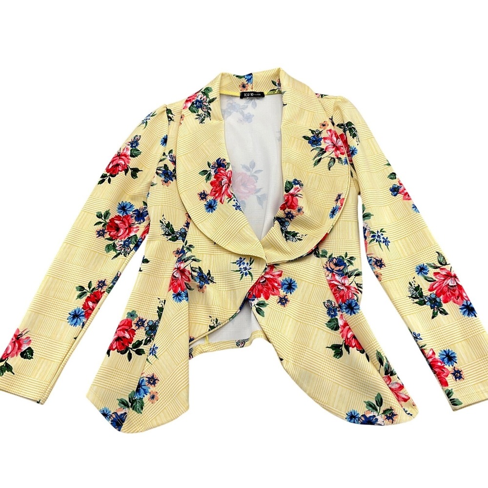 Statement Jacket Women Medium Yellow Multi Plaid Floral Flyaway 80s VTG USA